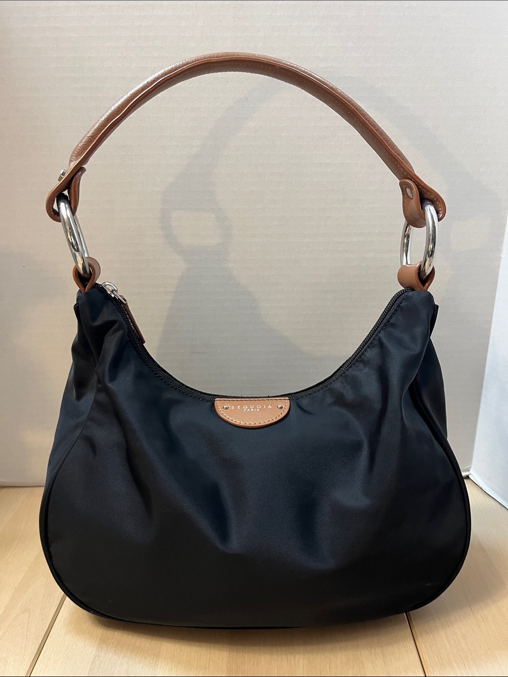 Sequoia Paris Black Nylon Shoulder Bag w/ Brown Leather & Silver Tone Trim